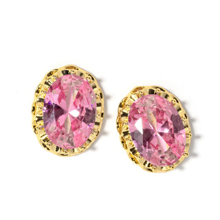 Oval pink crystal stud earrings with gold-tone bezel