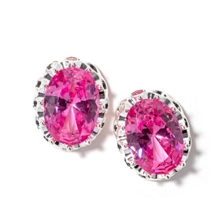 Oval pink crystal stud earrings with silver-tone bezel