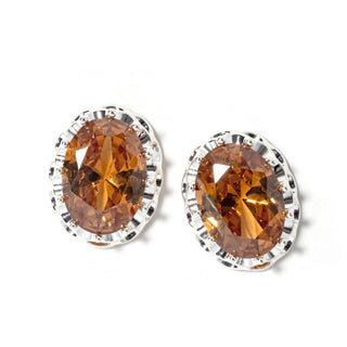 Oval amber crystal stud earrings with silver-tone bezel