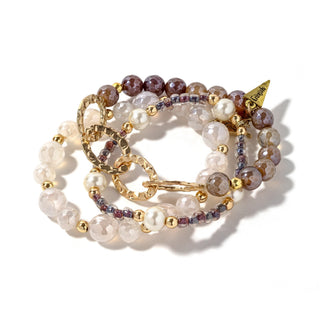 Beaded bracelet set with clear and dark brown beads, gold chain links, and pearl accents