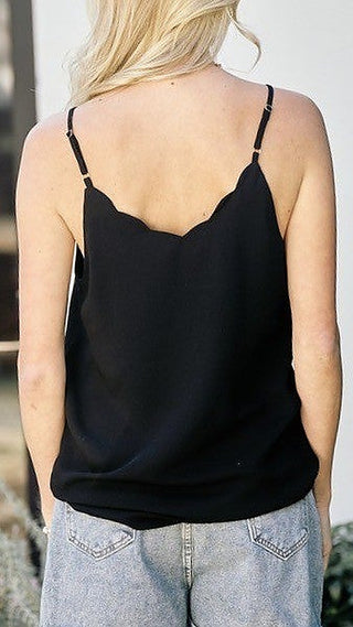 Black camisole tank top with thin spaghetti straps, back view