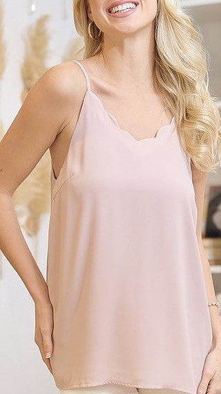 Light taupe scalloped V-neck camisole tank top with adjustable spaghetti straps