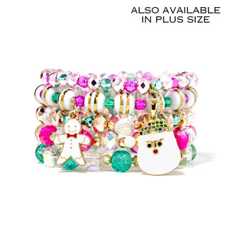 Colorful charm bracelet stack with snowman and gingerbread charms, beaded bangles