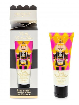 Nutty Nutcracker hand cream box and squeeze tube with nutcracker character illustration