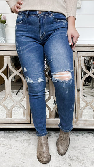 Cheryl High Rise Risen Distressed Blue Skinny Jeans