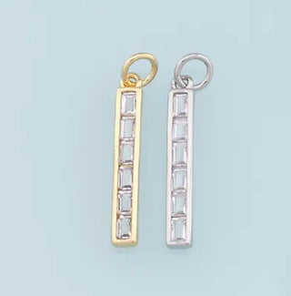 Bar charm pendant with baguette-cut stones, rectangular frame, gold and silver finish