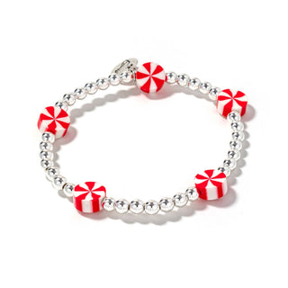 Silver-tone peppermint bead bracelet with red and white candy-striped charms
