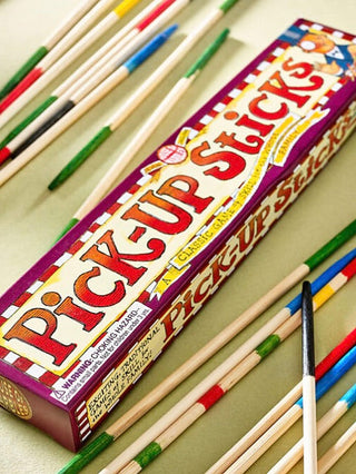Pick-Up Sticks wooden stick game with multicolor tips in purple boxed package
