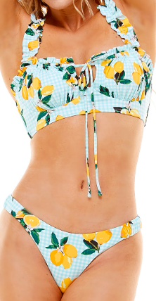 Lemon print ruffled swim top and matching bikini bottoms, light blue with yellow fruit