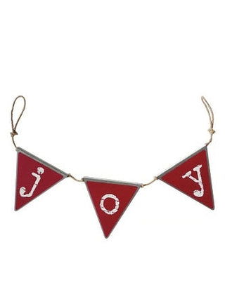 Red triangular pennant banner with white 'JOY' letters and hanging loops