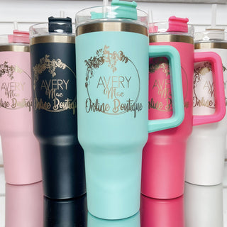 Mint green gold-accent tumbler with clear lid and front logo, 5 colors view.