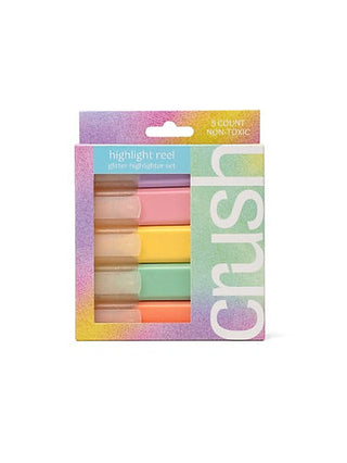 Glitter highlighter set in boxed blister pack with six pastel colors and gold tips