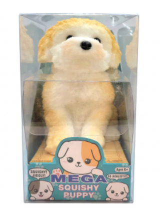 Tan and white plush puppy toy with big black nose, in clear display box