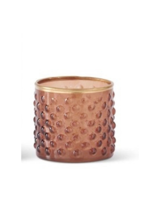 Dot-embossed glass container, amber with round raised dots and clear rim