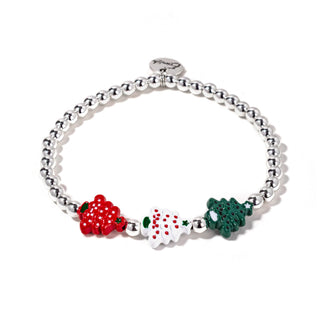 Silver bead bracelet with red, white, and green tree-ring charms
