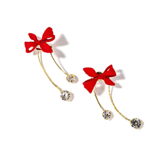 Red ribbon bow earrings with dangling crystal bead drops and gold-tone hooks