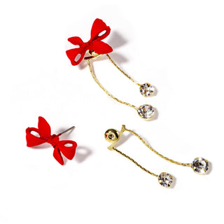 Red bow drop earrings with gold-tone hooks and crystal rhinestone charms