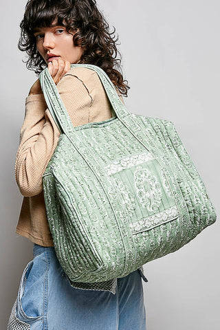 Sage multi patterned tote bag with wide handles