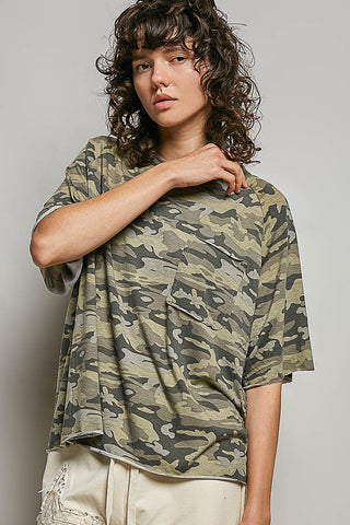 Camo knit everyday top with short sleeves and round neckline