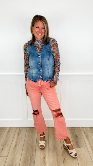 Risen Jenny Cotton Blend Medium Wash Mom Cropped Denim Vest