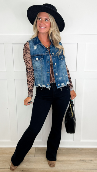 Risen Aly Distressed Cotton Dark Wash Mom Cropped Denim Vest