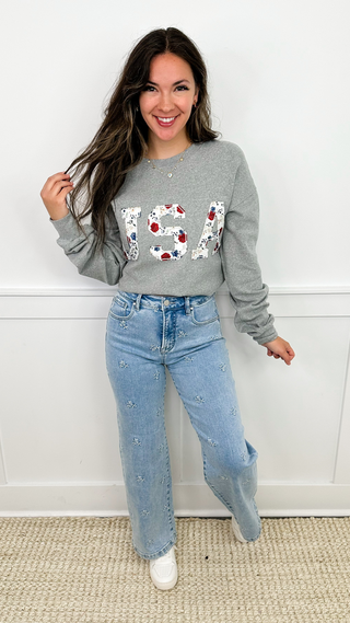Ampersand Avenue Patriotic Booms Cotton Blend Long Sleeve Grey Top