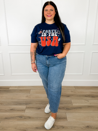 Party in the USA Cotton Short Sleeve Blue Avery Mae Graphic Tee Shirt (Bella+Canvas)