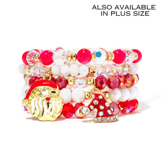 Santa Claus charm beaded bracelet stack with red and white beads, gold accents