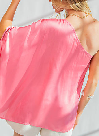 Pink satin easel top with draped neckline and flowing loose silhouette