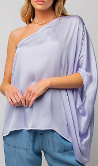 Lavender satin one-shoulder easel top with draped sleeves and gathered neckline