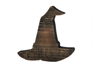 Dark wood witch hat shelf sitter with curved brim and pointed top