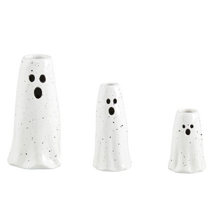 Set of three ceramic Halloween vases, white speckled with black spooky face cutouts