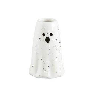 Ceramic Halloween vase, white speckled with black oval eyes and nose cutouts