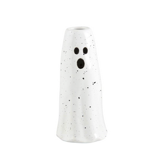 Ceramic Halloween vase, white speckled with black face cutouts on front