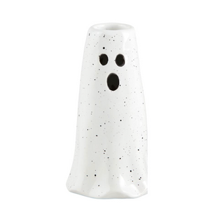 Ceramic Halloween vase, white speckled with black oval eyes and center mouth cutout
