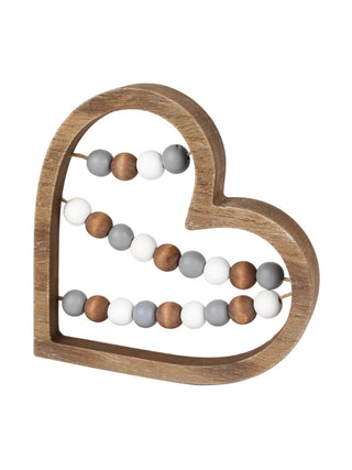 Wooden heart shelf sitter decor with brown, white and gray bead accents