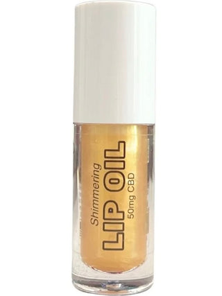 Shimmering CBD lip oil, gold shade in clear bottle with white cap, 50mg