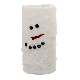 LED pillar candle with snowman face, black buttons and red mouth, white wax cylinder