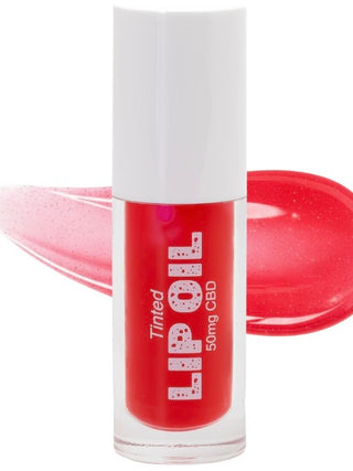 Tinted CBD lip oil, red shade in clear bottle with white cap, 50mg