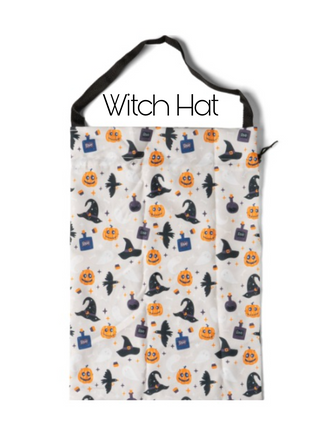 White candy bag with witch hat, pumpkin, cat, and cauldron icons pattern.