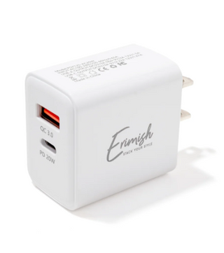 White ultra fast charging cube with QC 3.0 and PD 20W ports.