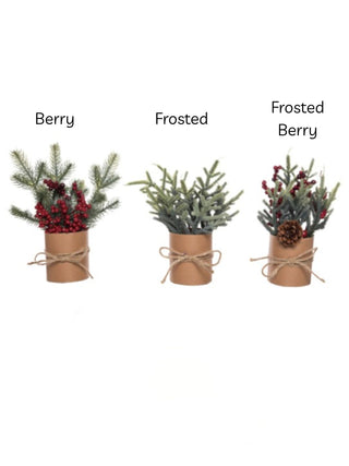 Set of three mini pine decor pieces in kraft paper sleeves: berry, frosted, frosted berry