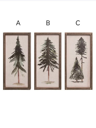 Three framed wood signs labeled A, B, and C, each with a pine tree illustration