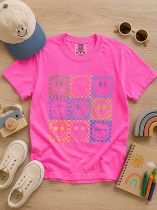 Kids pink cotton graphic T-shirt, pixel-style smiley faces and hearts