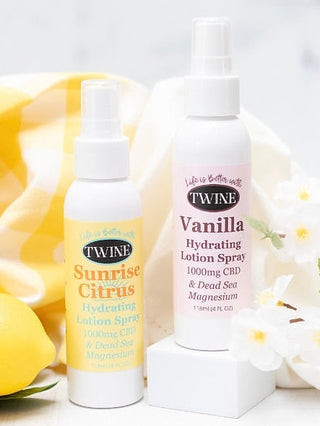 Hydrating CBD lotion spray bottles, Vanilla and Sunrise Citrus, 4 fl oz each