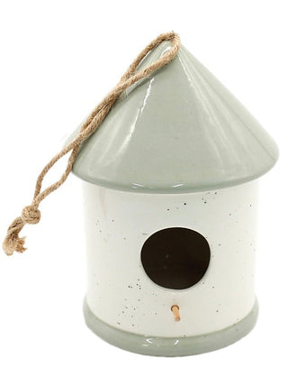 Porcelain birdhouse decor with speckled white body, green cone roof, twine hanger, round hole