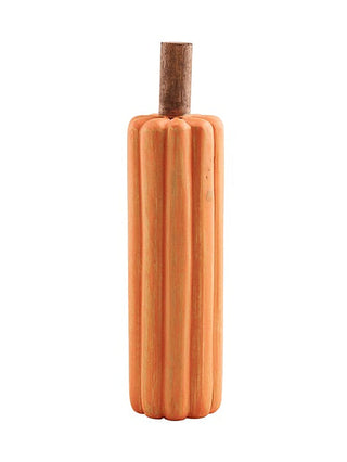 Orange ribbed wooden gourd decor with dark stem, tall rounded shape