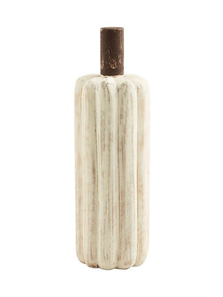 White ribbed wooden gourd decor with dark stem, rounded base