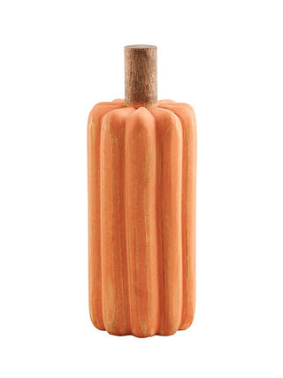 Orange ribbed wooden gourd decor with dark stem, rounded base