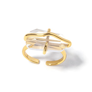 Gold-tone open cuff ring with clear rectangular-cut stone